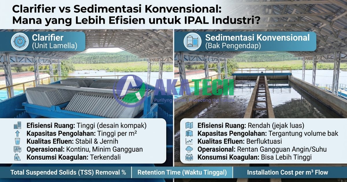 Clarifier vs Sedimentasi Konvensional, Mana yang Lebih Efisien untuk IPAL Industri? Kontraktor vendor IPAL STP WTP RO Clarifier MBR Biofilter Bioclear septic tank PT Akatech Biotama